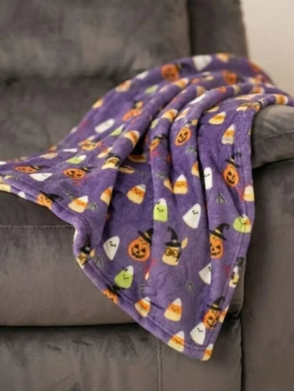 Halloween Themed Purple Fleece Blanket with Candy Corn and Pumpkin Pattern